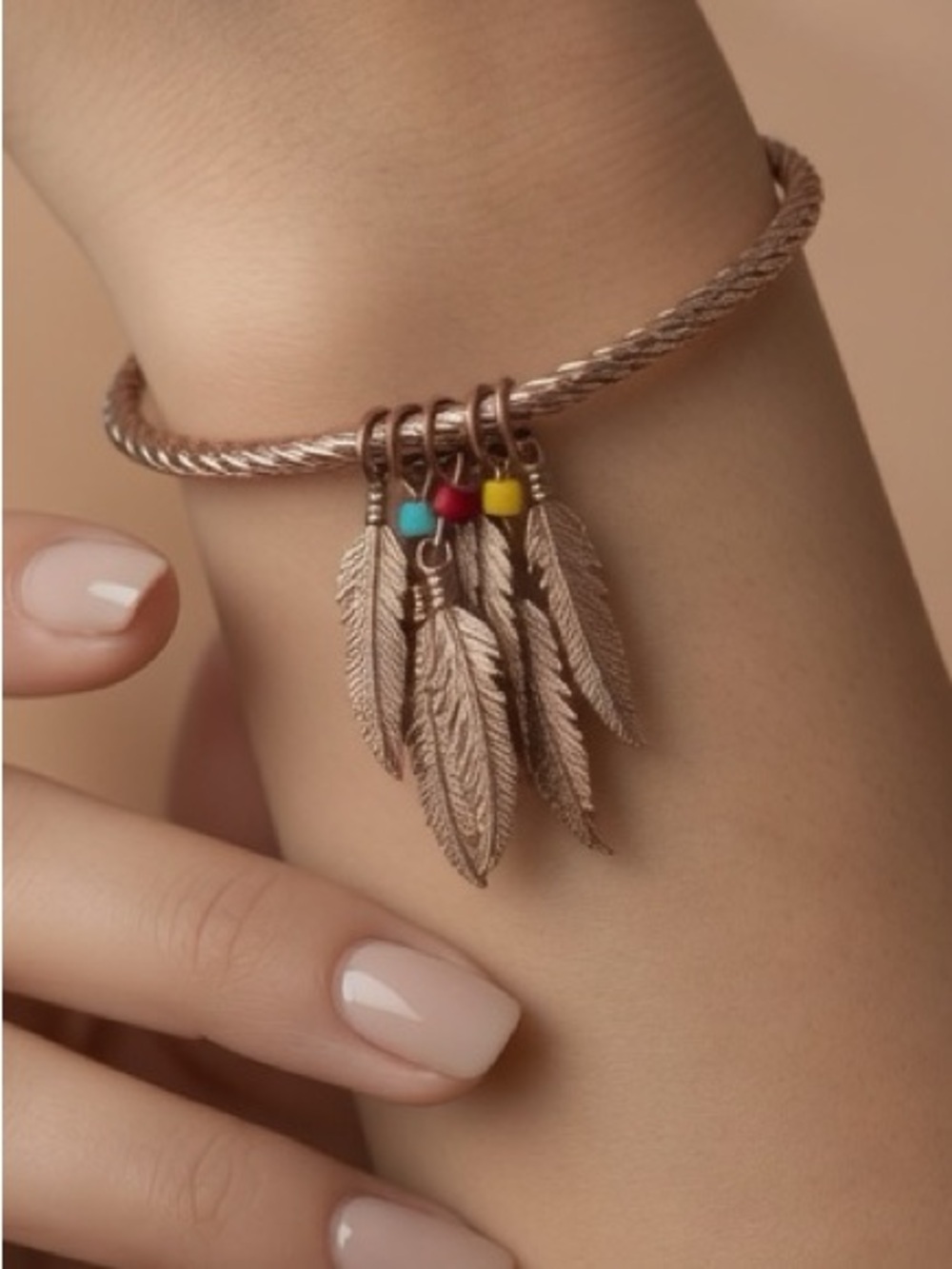 Handmade Boho Rose Gold Tone Feather Charm Bangle Bracelet